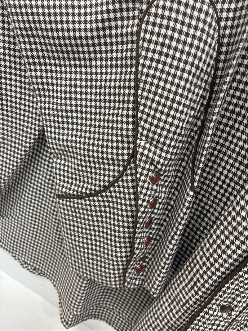 New Men’s White Horse Brown White Checkered Long Sleeve Pearl Snap 2XL H-50