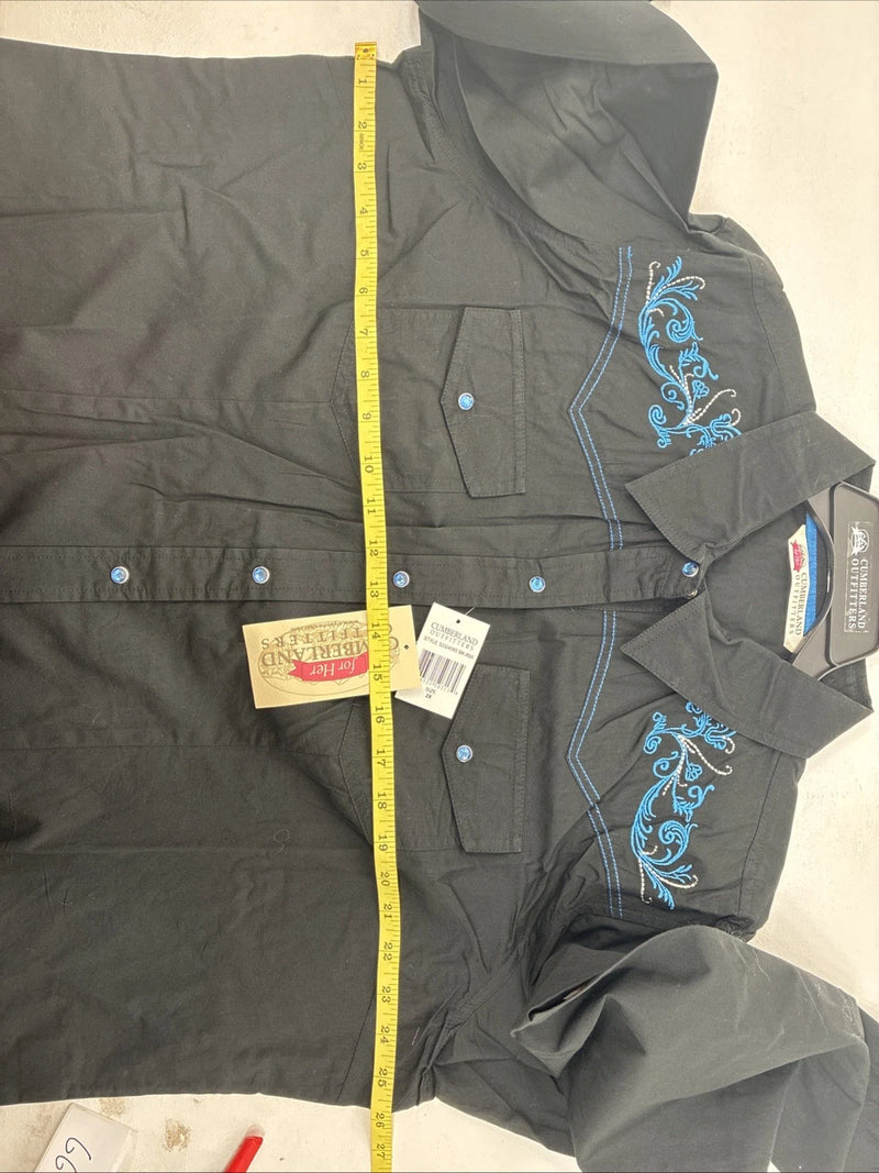 New Women’s Cumberland Black Blue Design Long Sleeve Pearl Snap 2XL GG-35