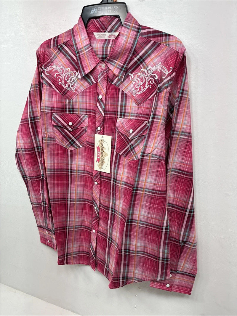 New Women’s Cumberland Pink Plaid Long Sleeve Pearl Snap Medium II-107