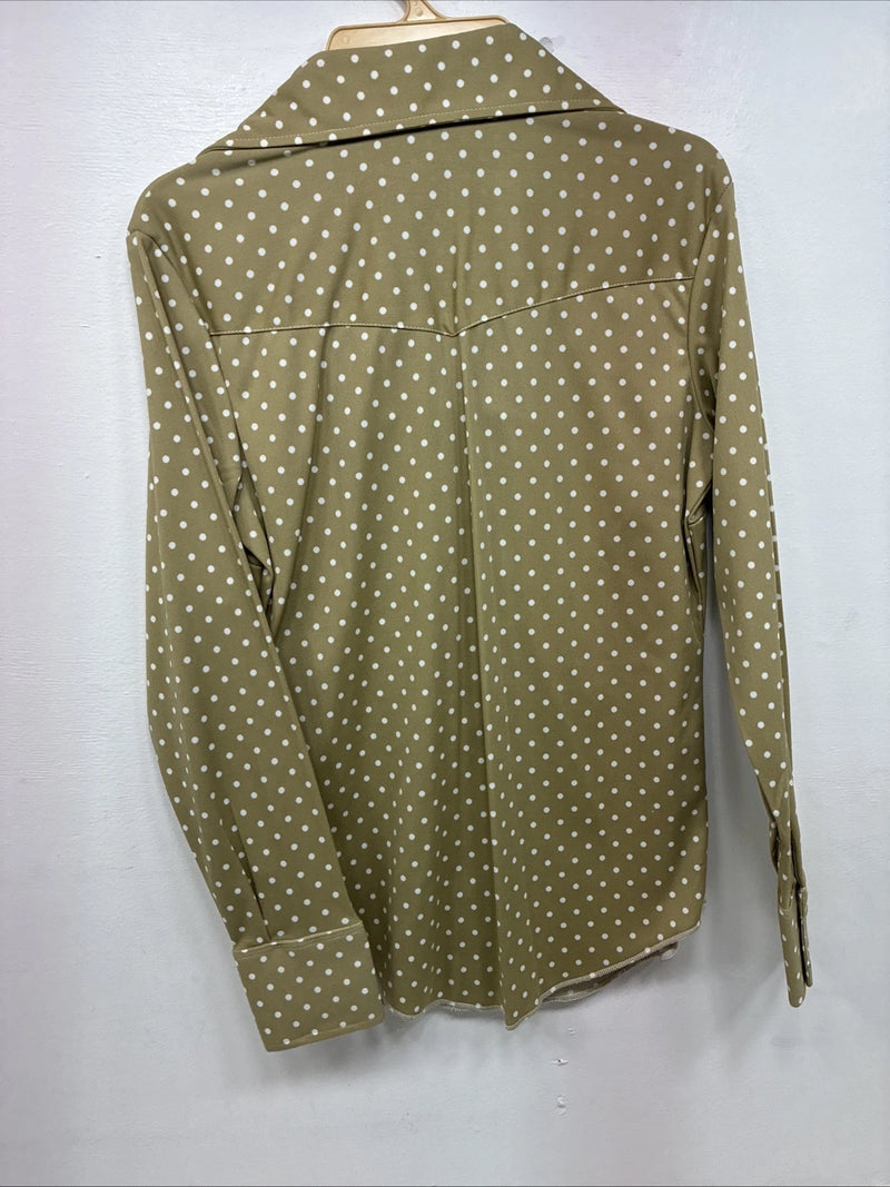 New Women’s Dickson Jenkins Tan Polkadot Long Sleeve Pearl Snap Size 34 KK-62