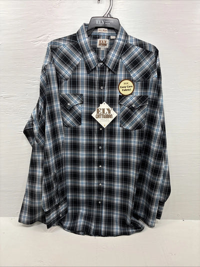 New Men’s ELY Cattleman Grey Black Long Sleeve Pearl Snap 3XL E-39