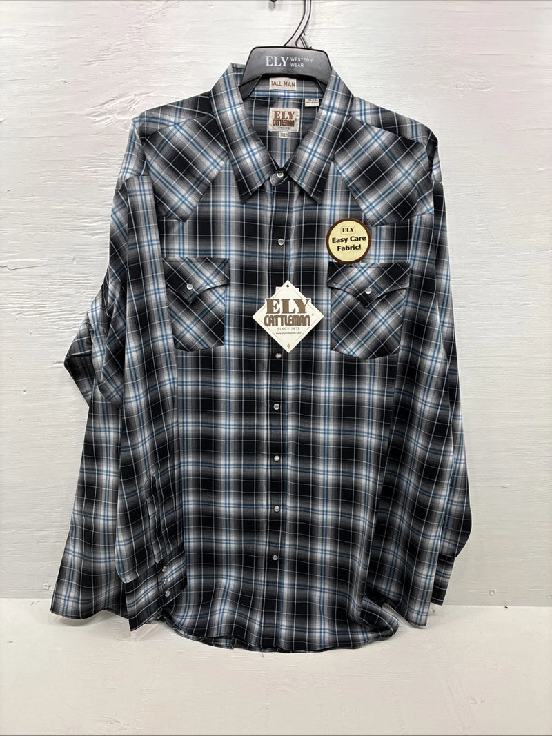 New Men’s ELY Cattleman Grey Black Long Sleeve Pearl Snap 3XL E-39