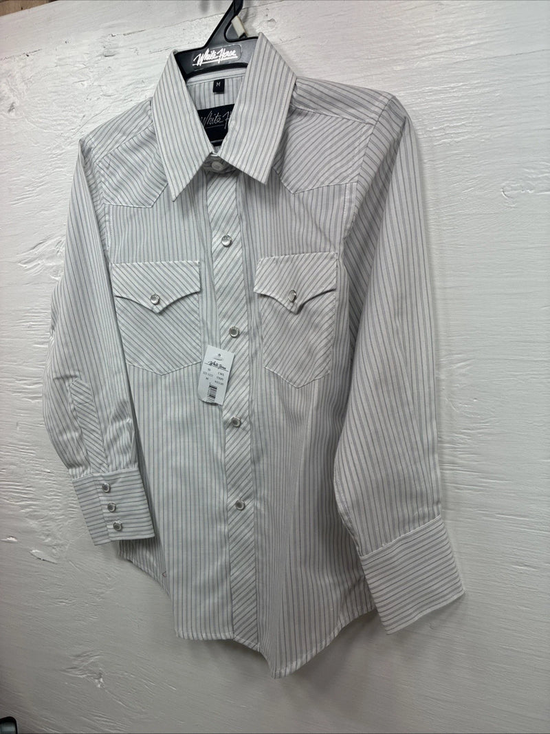 New Kids White Horse Gray Stripe Long Sleeve Pearl Snap Medium DD-54