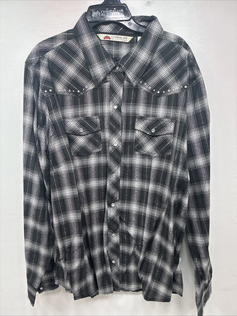 New Women’s Cumberland Black Plaid Long Sleeve Pearl Snap 2XL GG-12