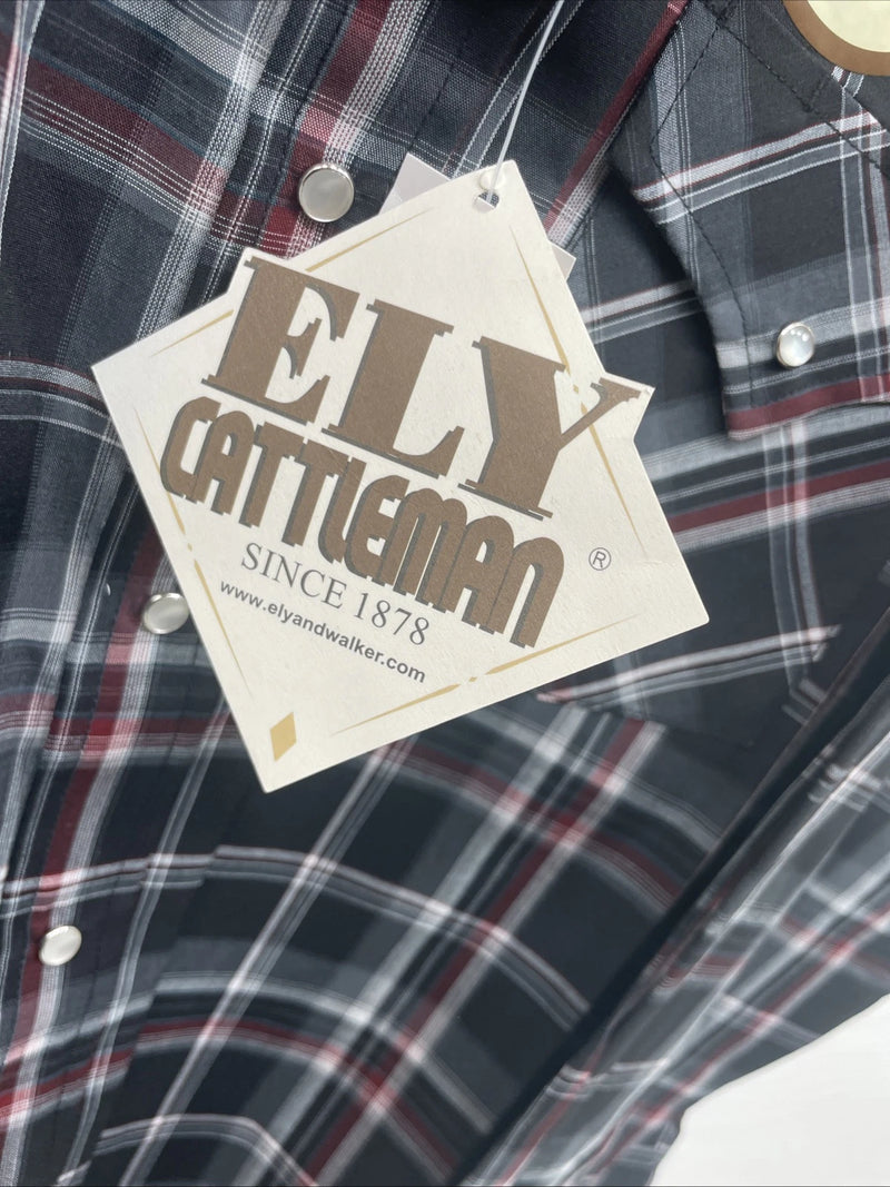 New Men’s ELY Cattleman Black Red Long Sleeve Pearl Snap 3XL E-33