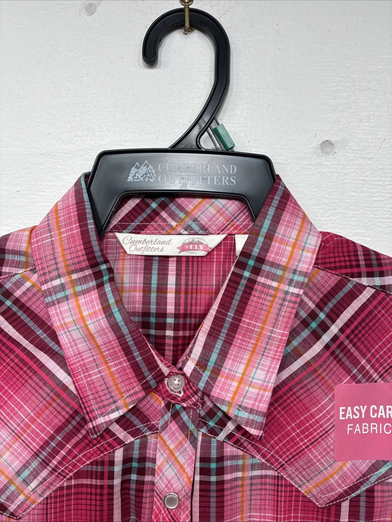 New Women’s Cumberland Pink plaid Short Sleeve Pearl Snap XL GG-26