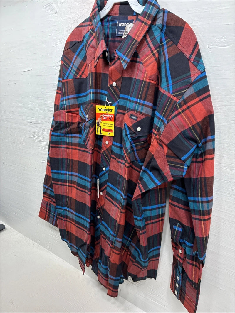New Men’s Wrangler Red Blue Navy Flannel Long Sleeve Pearl Snap 20 X 36 XL H-60