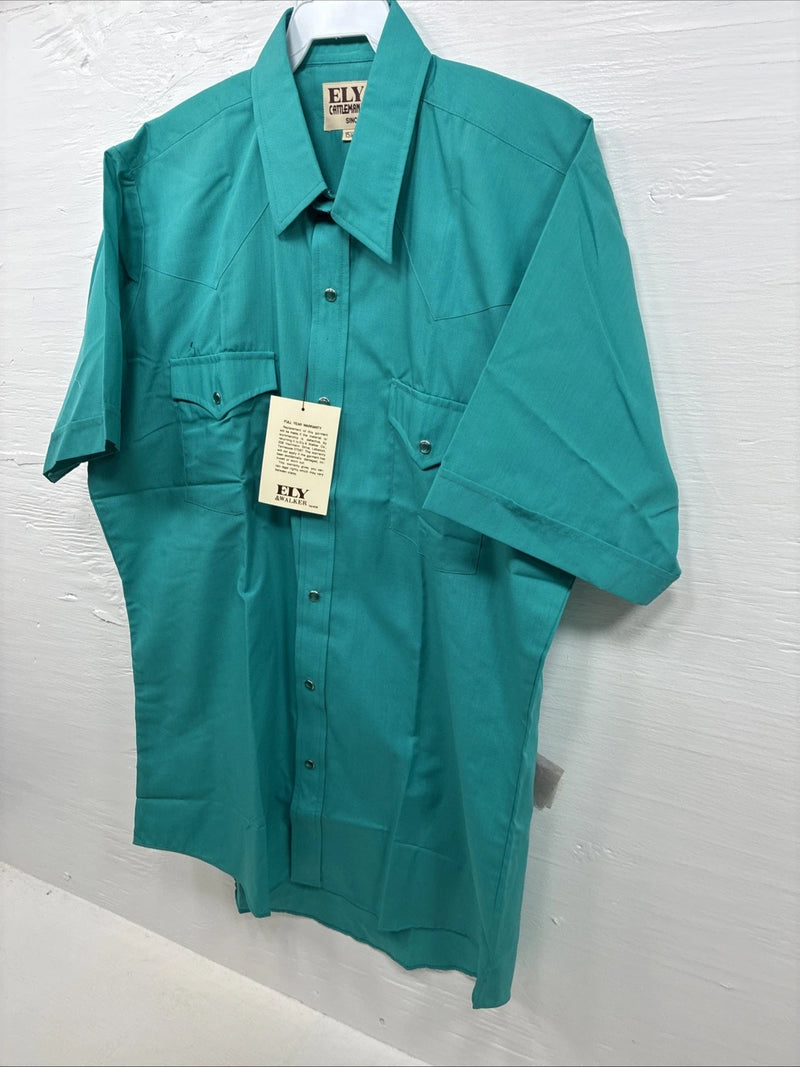 New Men’s ELY Cattleman Teal Short Sleeve Pearl Snap 15.5 Medium CC-14