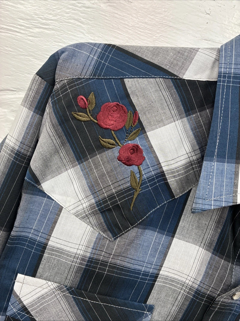 New Emma ELY Cattleman Blue Gray Plaid Long Sleeve Pearl Snap Large AA-16