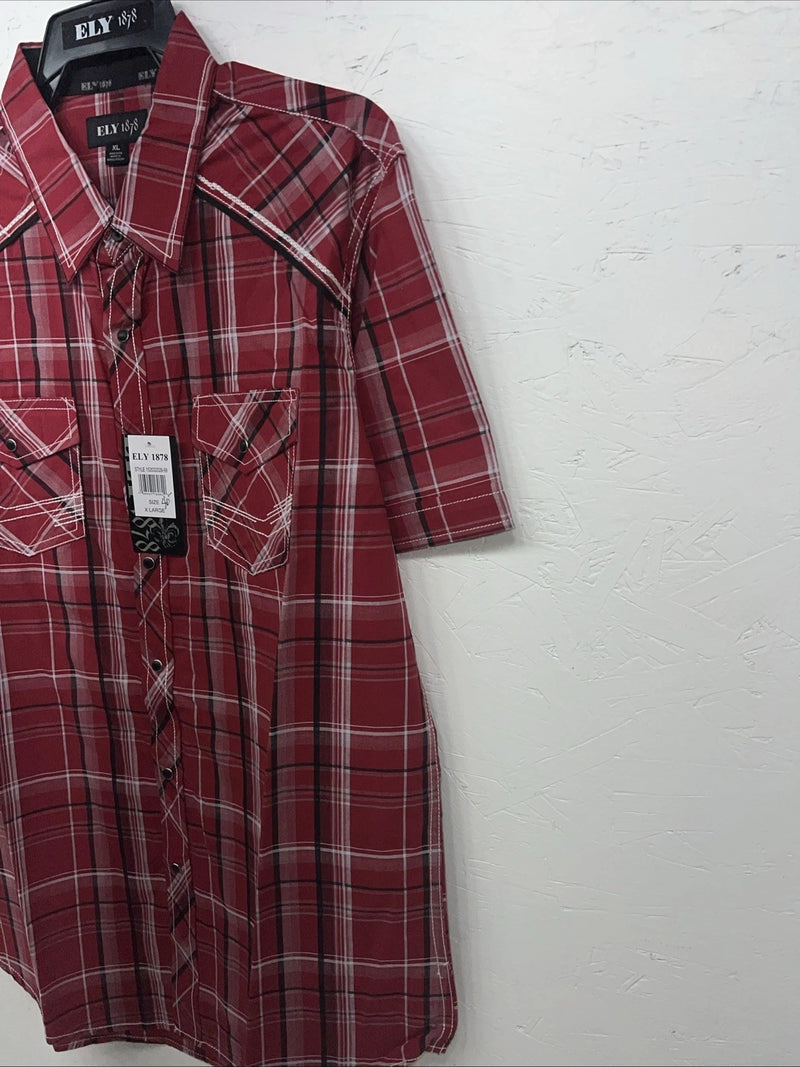 New Men’s Red ELY 1878 Short Sleeve Pearl Snap Shirt. XL S-24