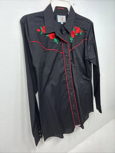 New Women’s Country Charmers Black Rose Long Sleeve Pearl Snap Large LL-96