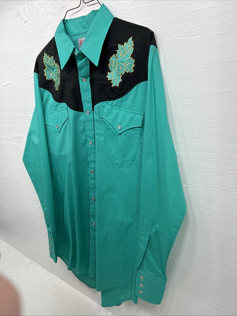 New Men’s ELY Diamond Teal Black Embroidered Long Sleeve Pearl Snap Medium K-32