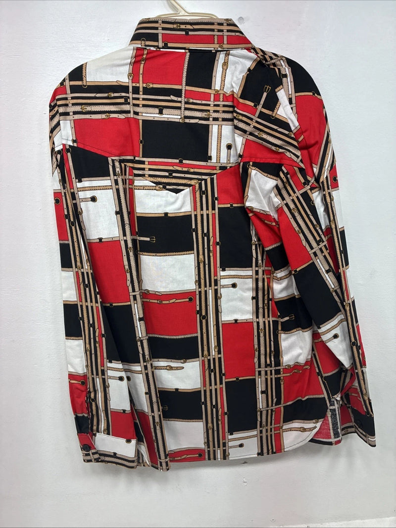New Women’s Maria O Design Red Black Long Sleeve Button Up XL GG-55