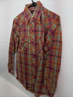 New Men’s Champion Western Orange Pink Plaid Long Sleeve Pearl Snap Small AA-88 