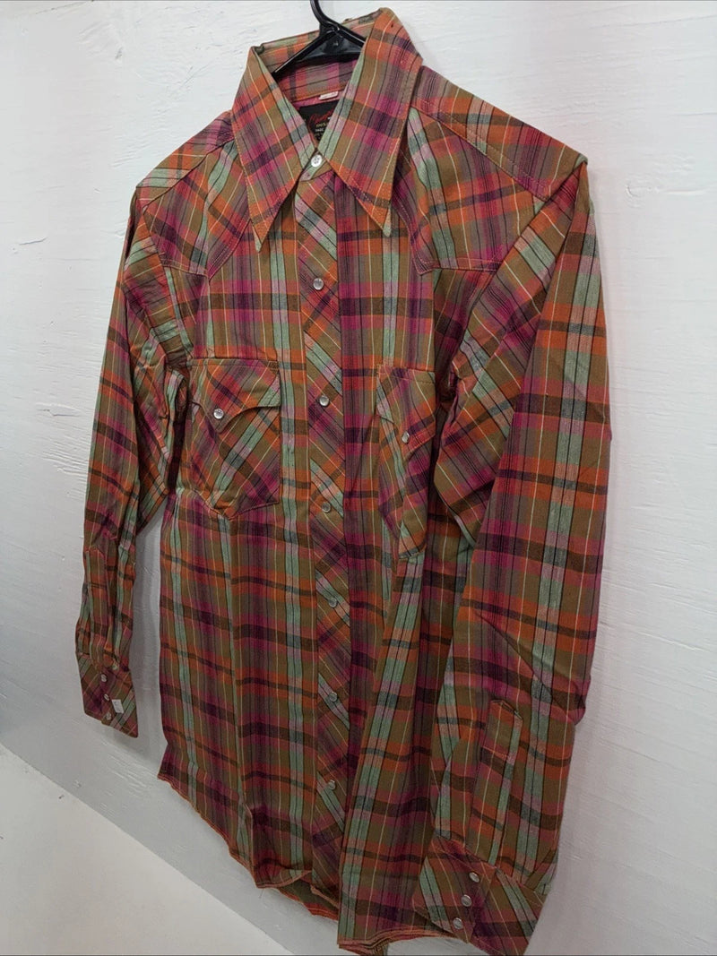 New Men’s Champion Western Orange Pink Plaid Long Sleeve Pearl Snap Small AA-88 