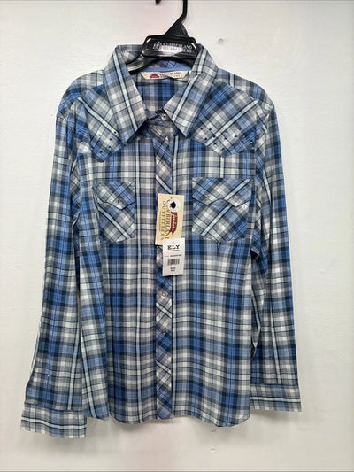 New Women’s Cumberland Blue Plaid Long Sleeve Pearl Snap 1XL GG-38