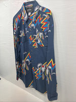 New Men’s GunSmoke Blue Western Design Long Sleeve Button Up Medium V-75