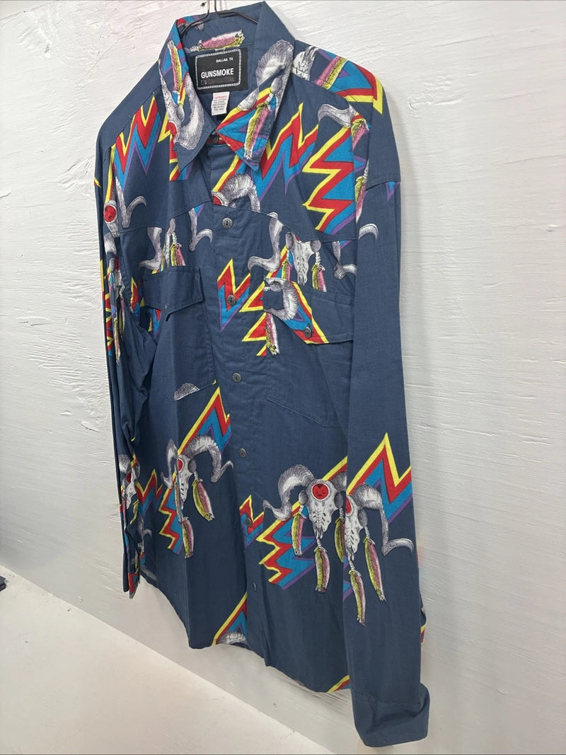 New Men’s GunSmoke Blue Western Design Long Sleeve Button Up Medium V-75