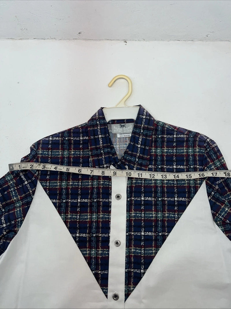 New Women’s Cowboy Threads White Navy Plaid Long Sleeve Button Up M #7906 3C-41