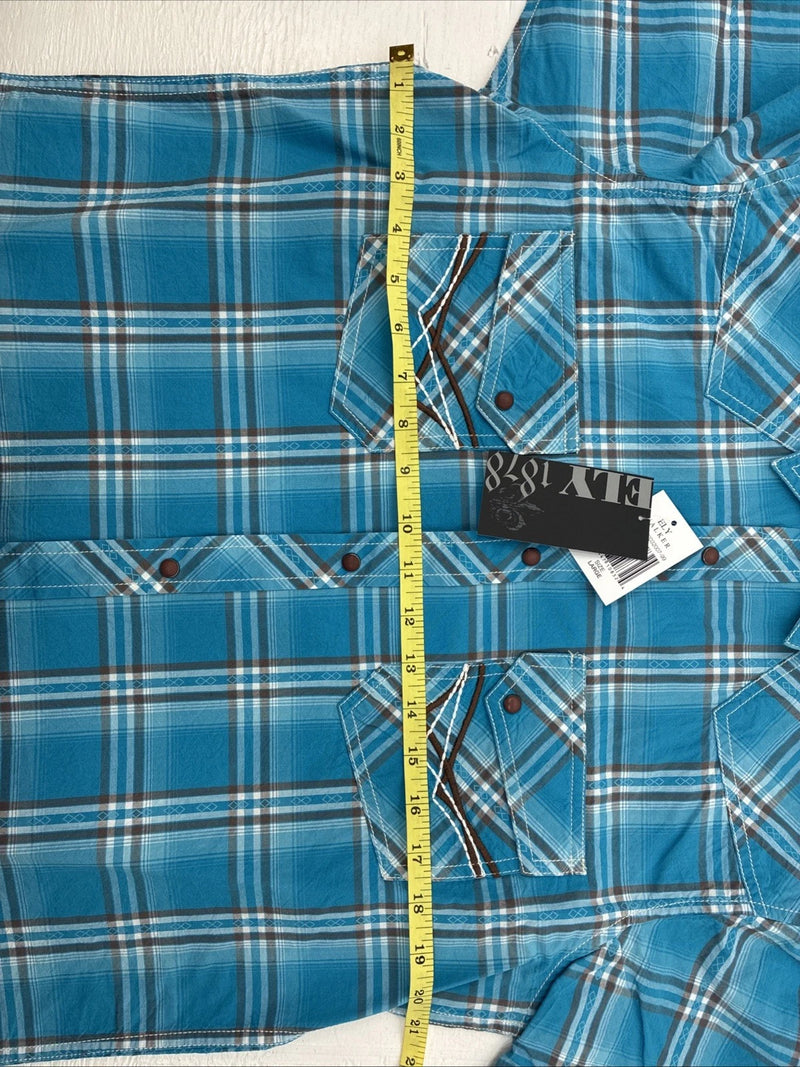 New Men’s ELY 1878 Blue Plaid Short Sleeve Pearl Snap Large X-32