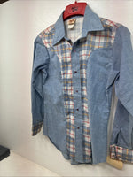 New Women’s Western Art Blue Plaid Long Sleeve Pearl Snap Size 16 TT-109