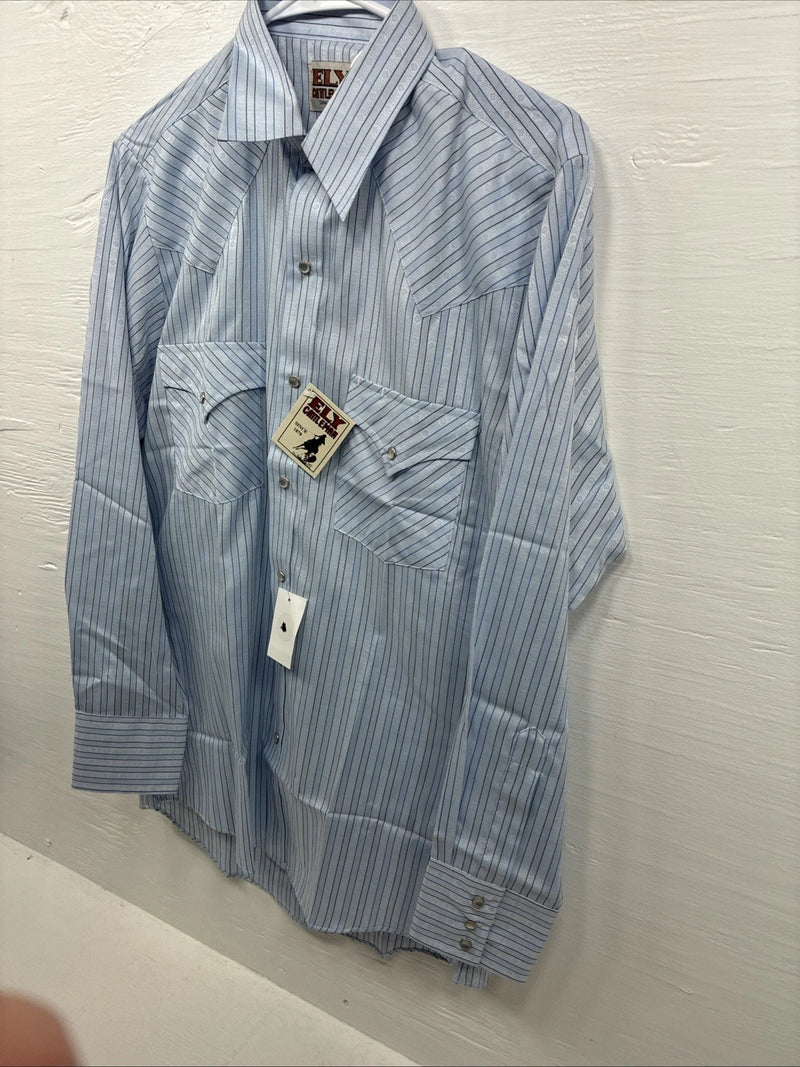New Men’s ELY Cattleman Blue Stripe Long Sleeve Pearl Snap 15 Medium AA-72