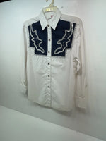 New Women’s Blue White & Bling H Bar C Long Sleeve Button Up Shirt #20119 3B-40
