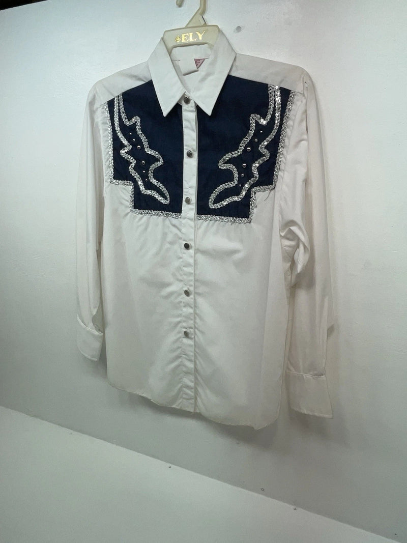 New Women’s Blue White & Bling H Bar C Long Sleeve Button Up Shirt #20119 3B-40