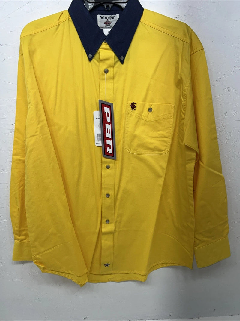 New Men’s Yellow Wrangler PBR Long Sleeve Button Up Shirt. Large P-62