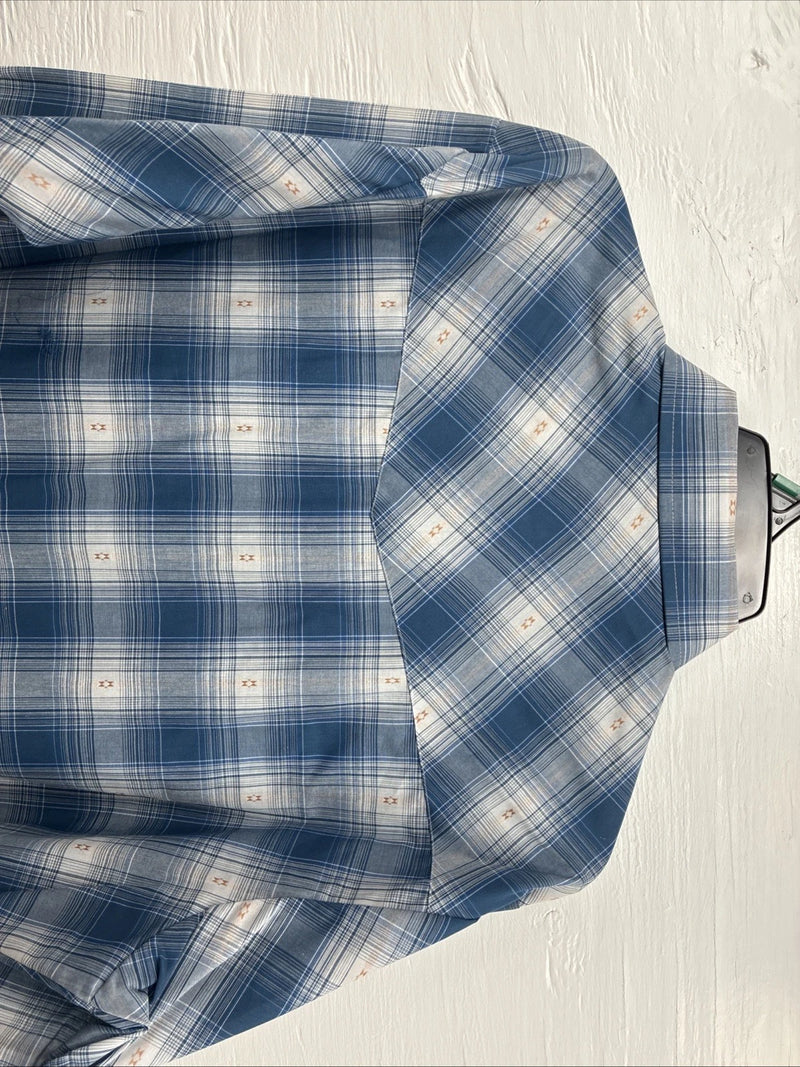 New Men’s ELY Cattleman Blue White Plaid Long Sleeve Pearl Snap XL T-44