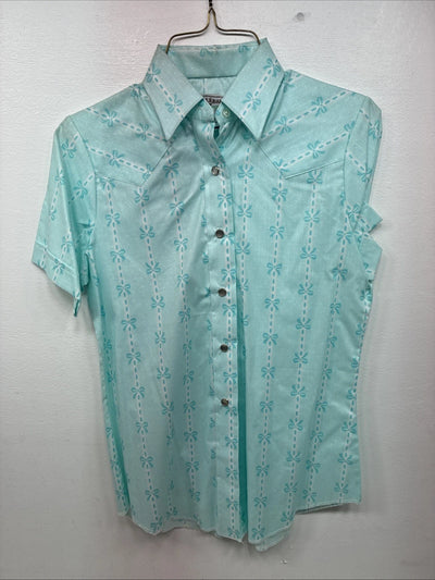 New Women’s H Bar C Blue Bow Short Sleeve Pearl Snap Size 32 LL-56
