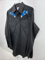New Men’s ELY Diamond Black Blue Rose Design Long Sleeve Pearl Snap Medium K-35