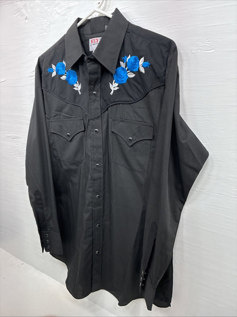 New Men’s ELY Diamond Black Blue Rose Design Long Sleeve Pearl Snap Medium K-35