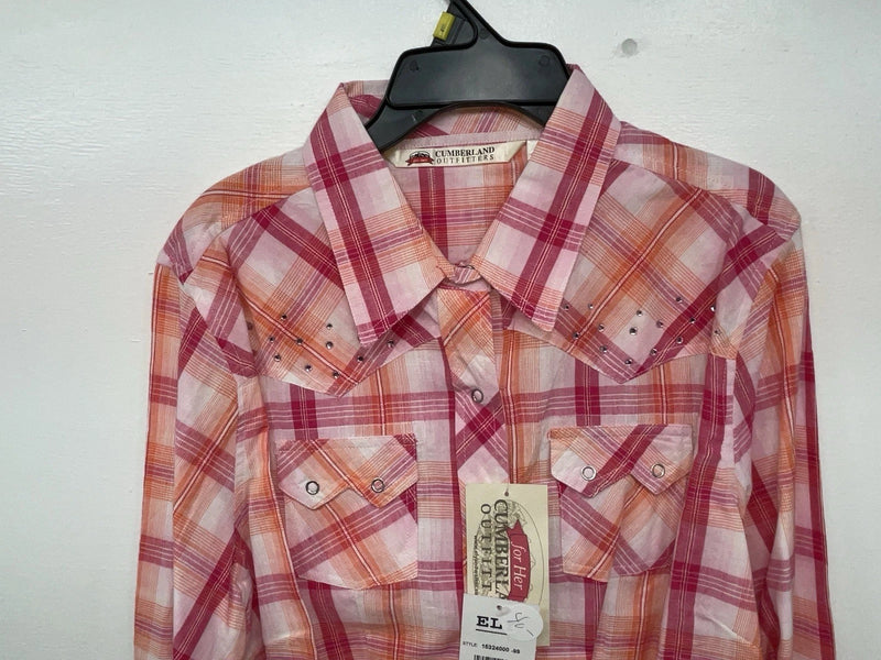 New Women’s Pink Plaid Cumberland Outfitters Long Sleeve Button Up Shirt L 3B-20