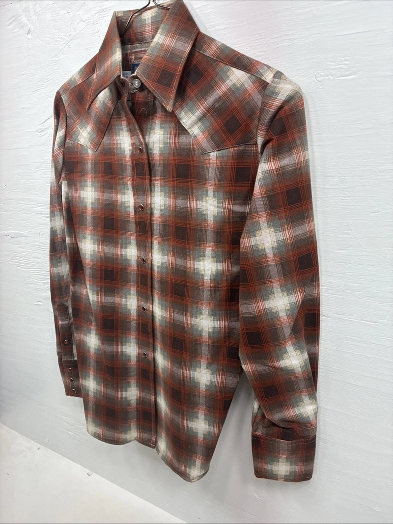 New Men’s Panhandle Slim Orange Plaid Long Sleeve Pearl Snap Small J-64