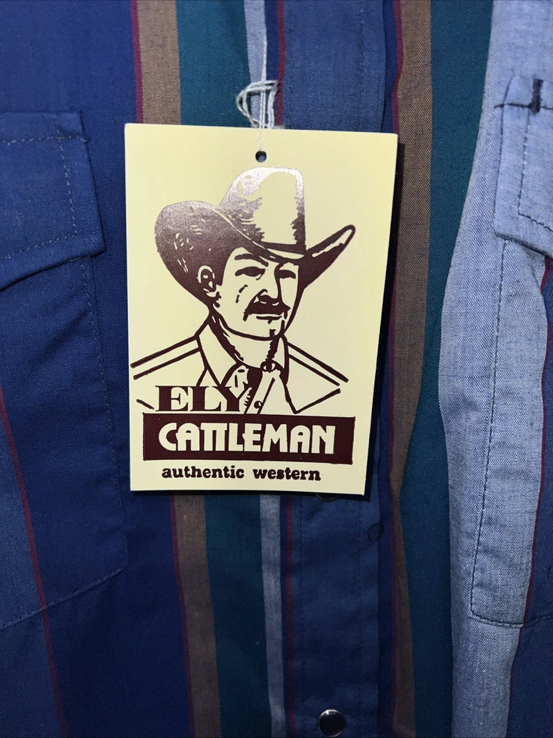 New Men’s Blue ELY Cattleman Pearl Snap Long Sleeve Shirt. 16x35 Large P-57