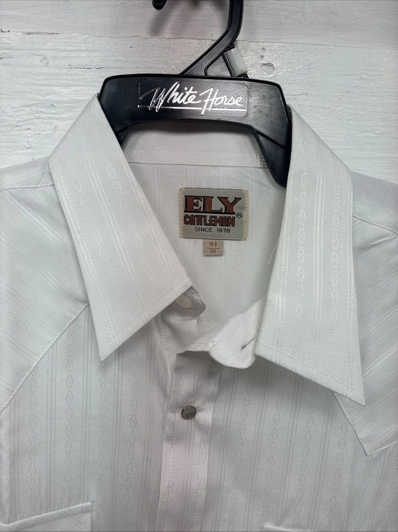 New Men’s ELY Cattleman White Designed Long Sleeve Pearl Snap 16.5 Large Q-102