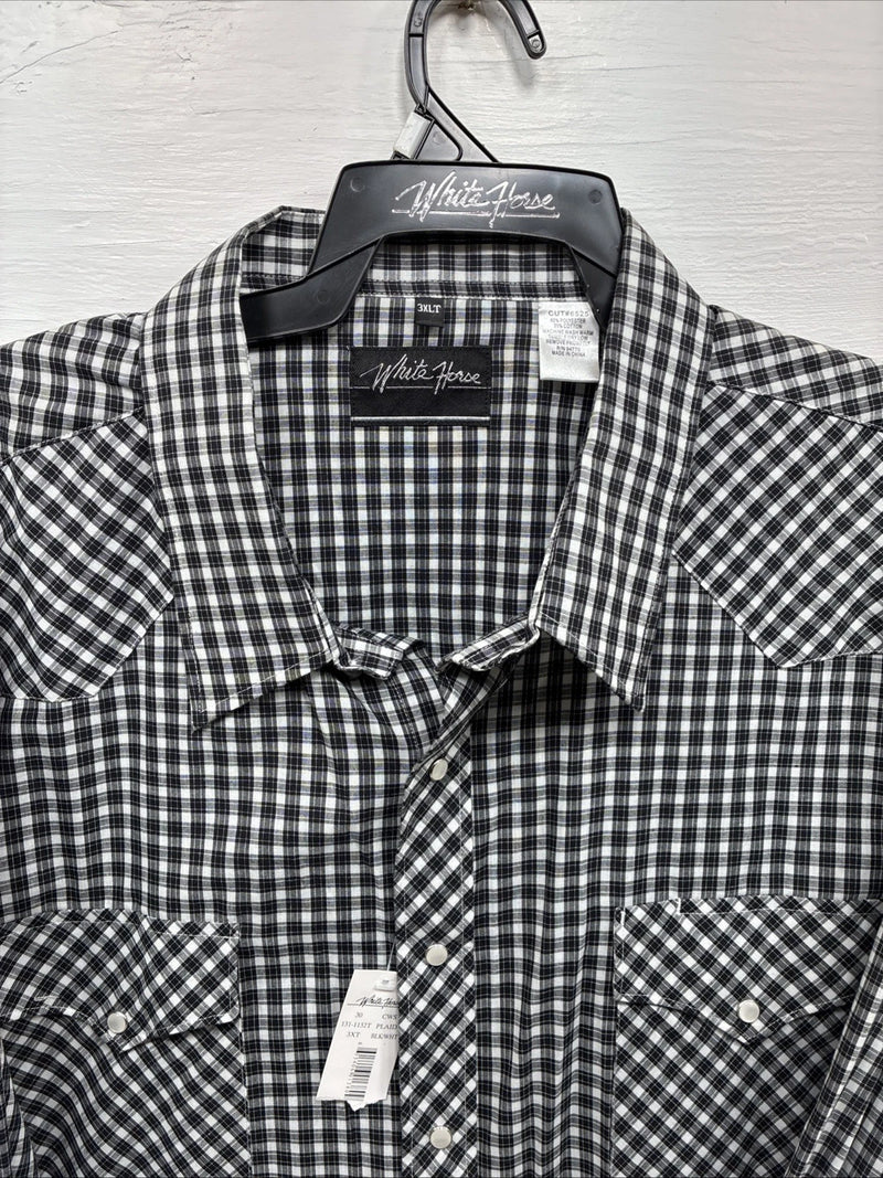 New Men’s White Horse Black White Checkered Long Sleeve Pearl Snap 3XL E-59