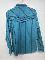 New Women’s Country Charmer Blue Plaid Long Sleeve Pearl Snap Medium KK-40