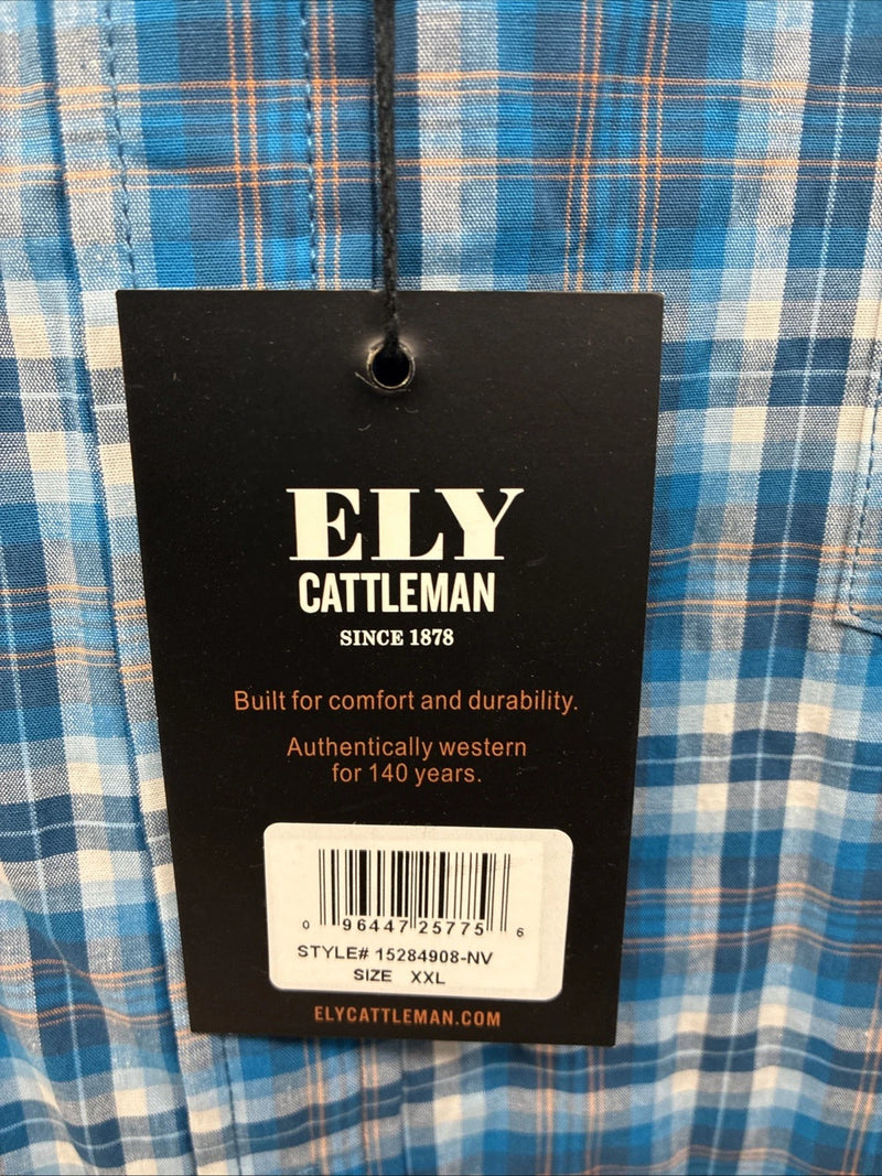 New Men’s ELY Cattleman Blue Plaid Long sleeve Button Up 2XL M-49 