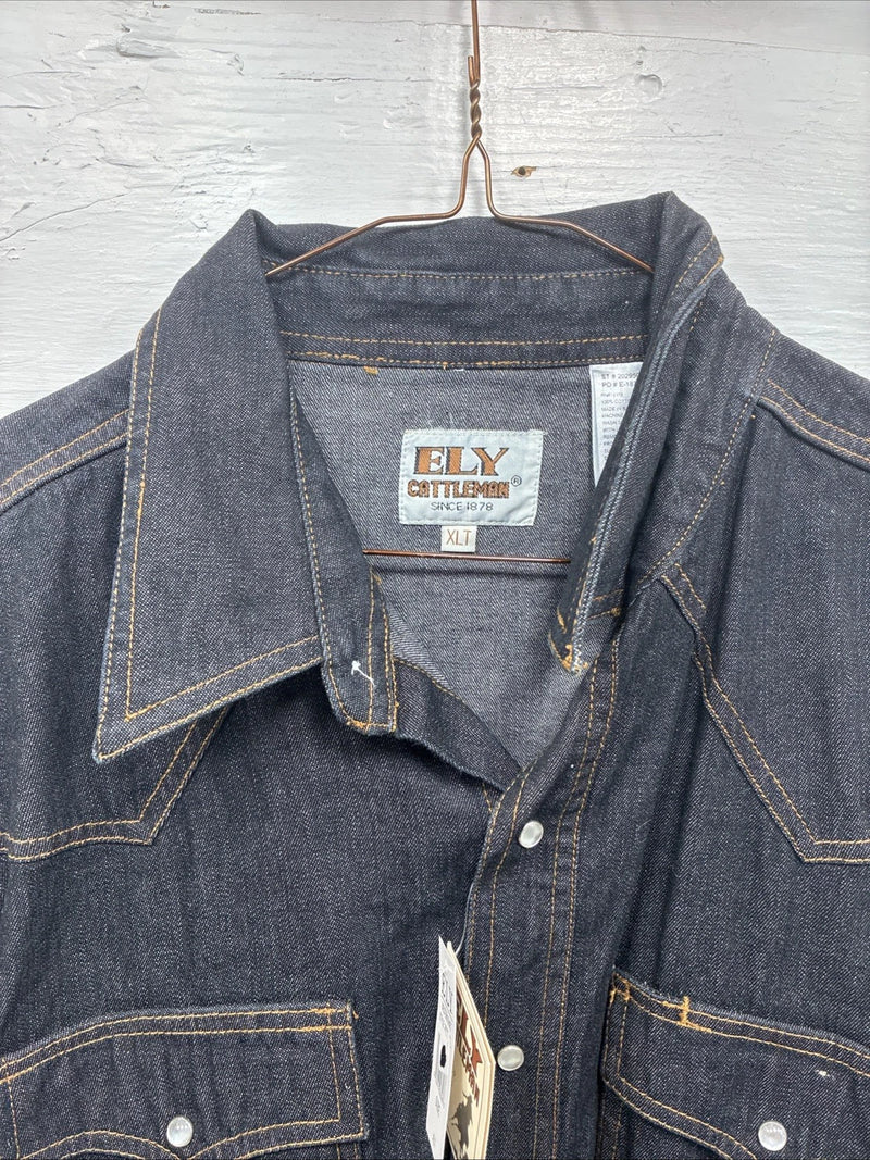 New Men’s ELY Cattleman Dark Wash Jean Long Sleeve Pearl Snap XL Q-44