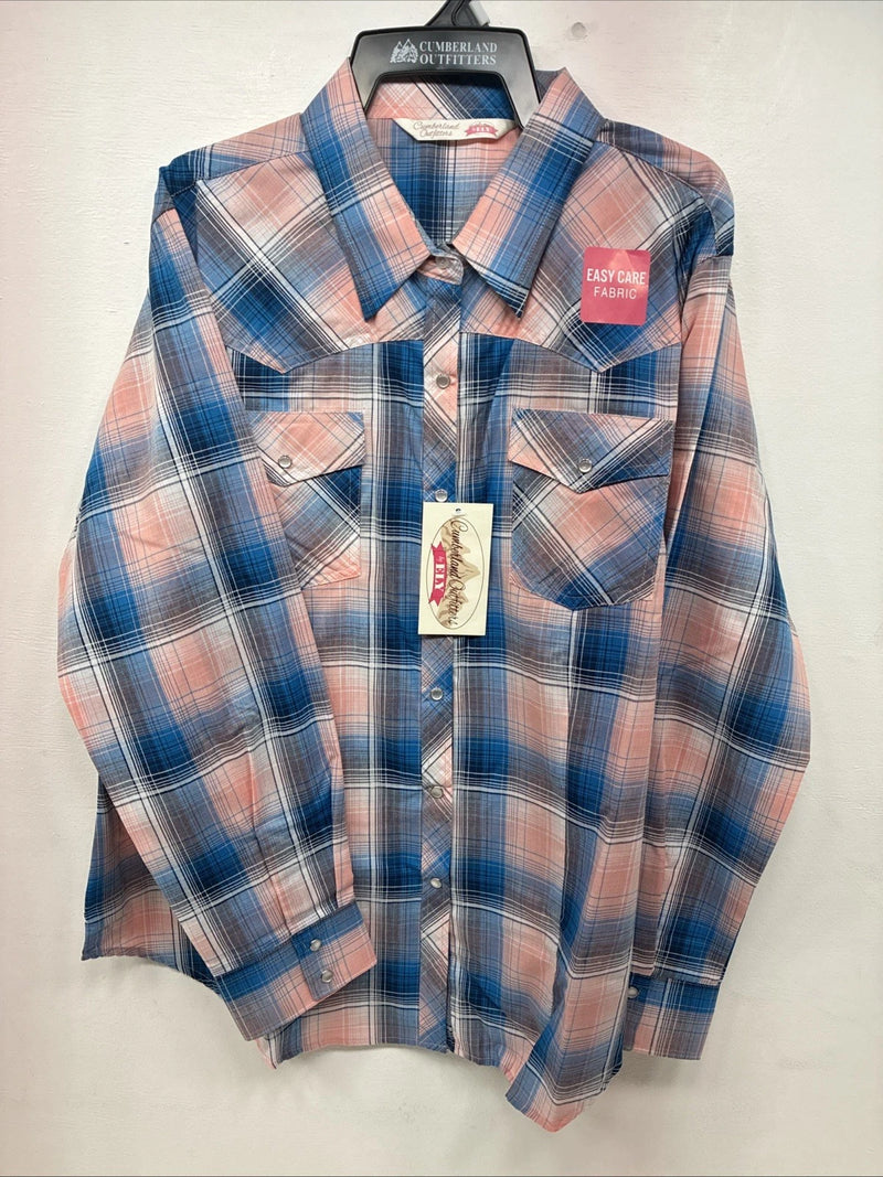 New Women’s Cumberland Pink Blue Plaid Long Sleeve Pearl Snap 1XL Plus GG-39