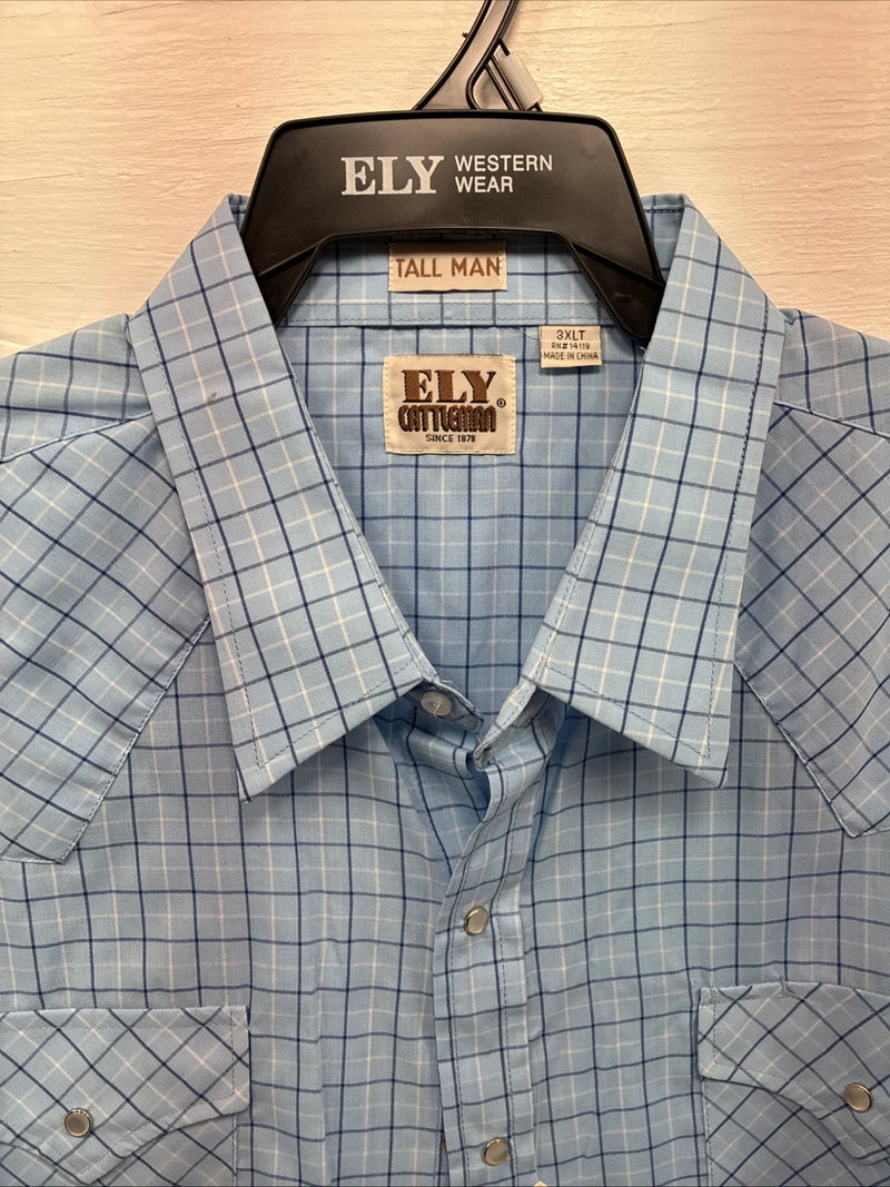 New Men’s ELY Cattleman Blue Short Sleeve Pearl Snap 3XL E-37