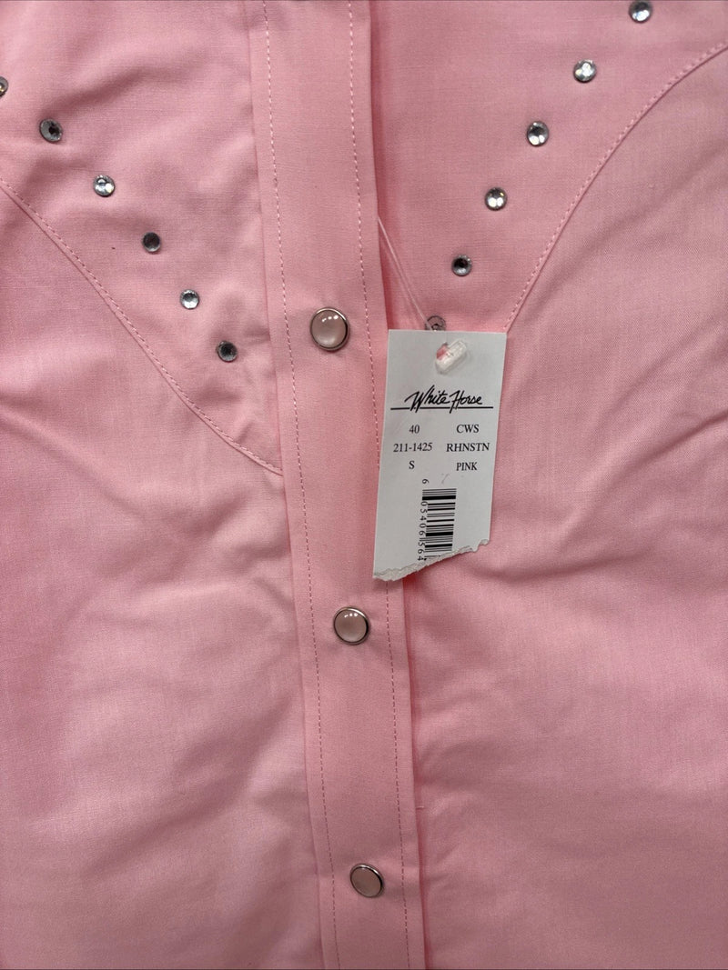 New Women’s White Horse Pink Gem Long Sleeve Pearl Snap Small LL-61