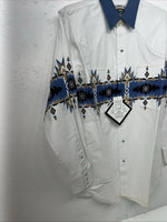 New Men’s White Blue Cumberland Outfitters Pearl Snap Long Sleeve Medium I-54