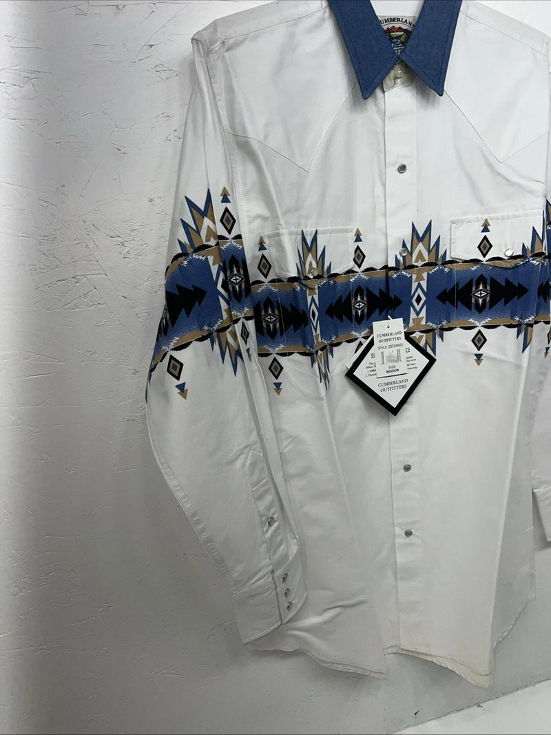 New Men’s White Blue Cumberland Outfitters Pearl Snap Long Sleeve Medium I-54