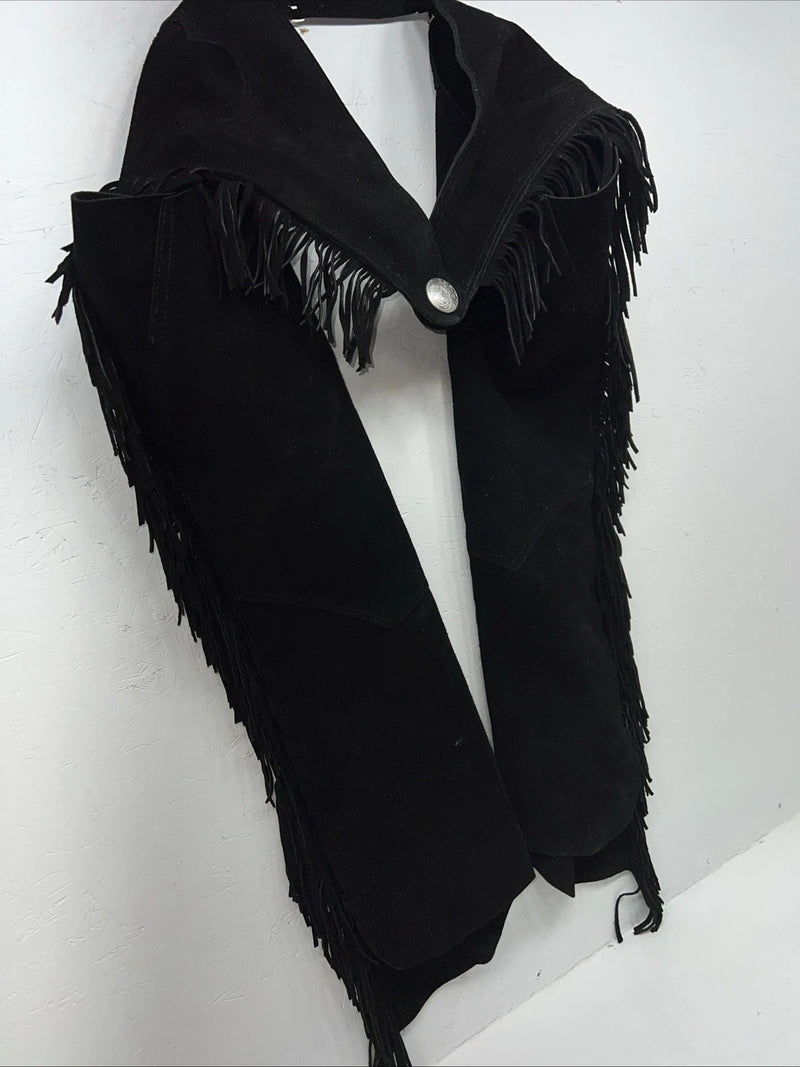 NOS Black Show Chaps With Fringe Adjustable Waist 41” N-21
