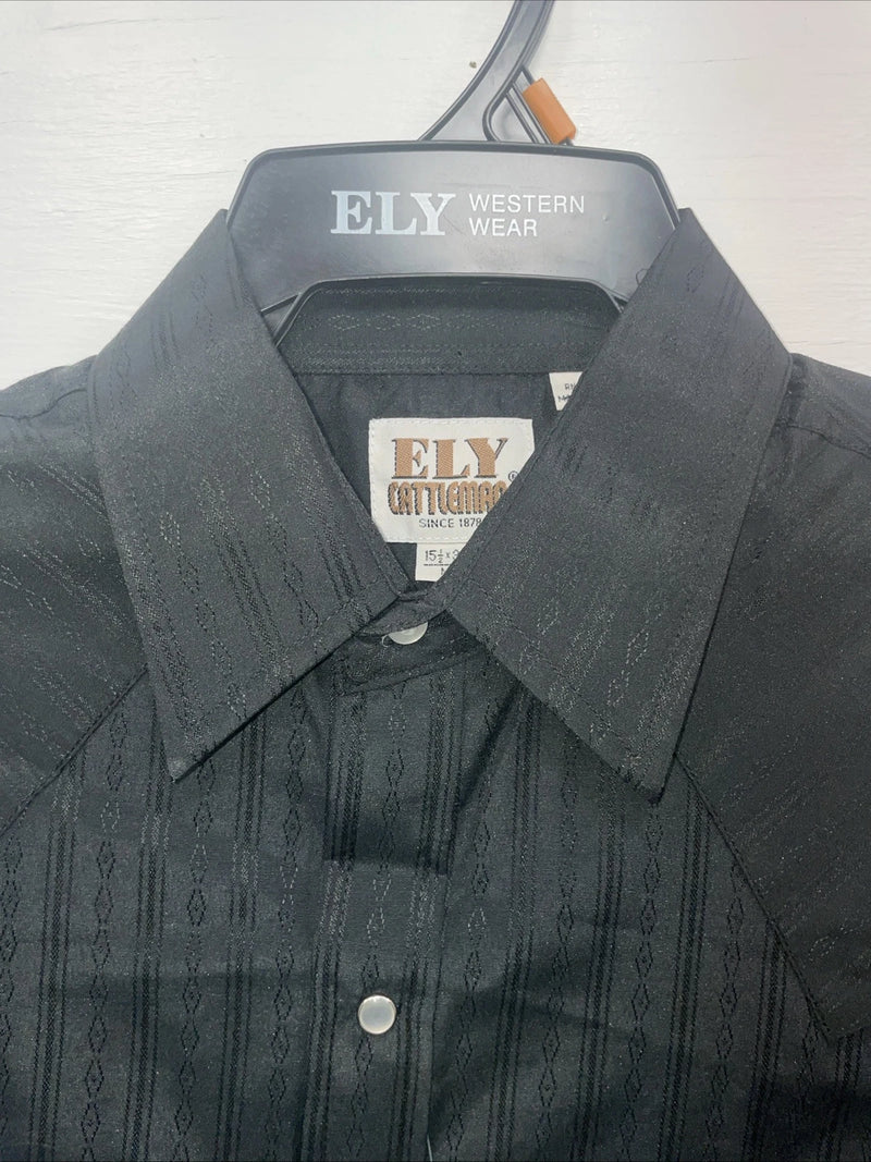 New Men’s ELY Cattleman Black Long Sleeve Pearl Snap 15.5 X 33 Medium B-115