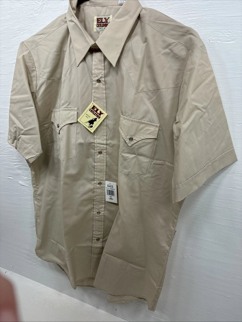 New Men’s ELY Cattleman Tan Short Sleeve Pearl Snap 16.5 Large CC-3