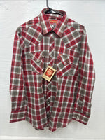 New Men’s ELY Plains Red Brown Plaid Long Sleeve Pearl Snap 16.5 Large M-66